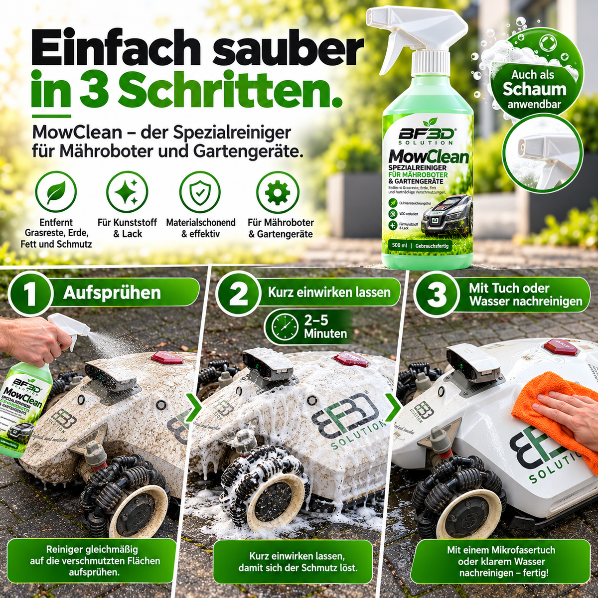 BF3D MowClean Spezialreiniger für Mähroboter & Gartengeräte | 500 ml BF3D Solution