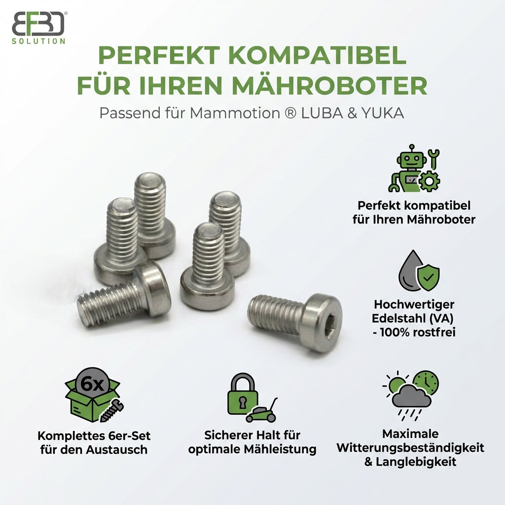 6x Edelstahl Schrauben passend für Mammotion® LUBA & YUKA Mähroboter Messerteller BF3D Solution