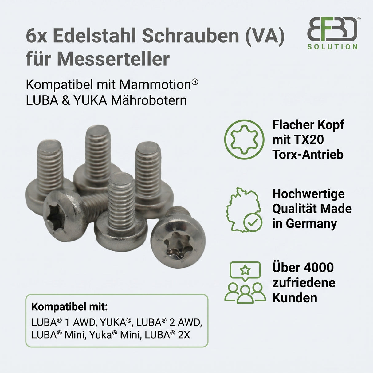 6x Edelstahl Schrauben passend für Mammotion® LUBA & YUKA Mähroboter Messerteller BF3D Solution