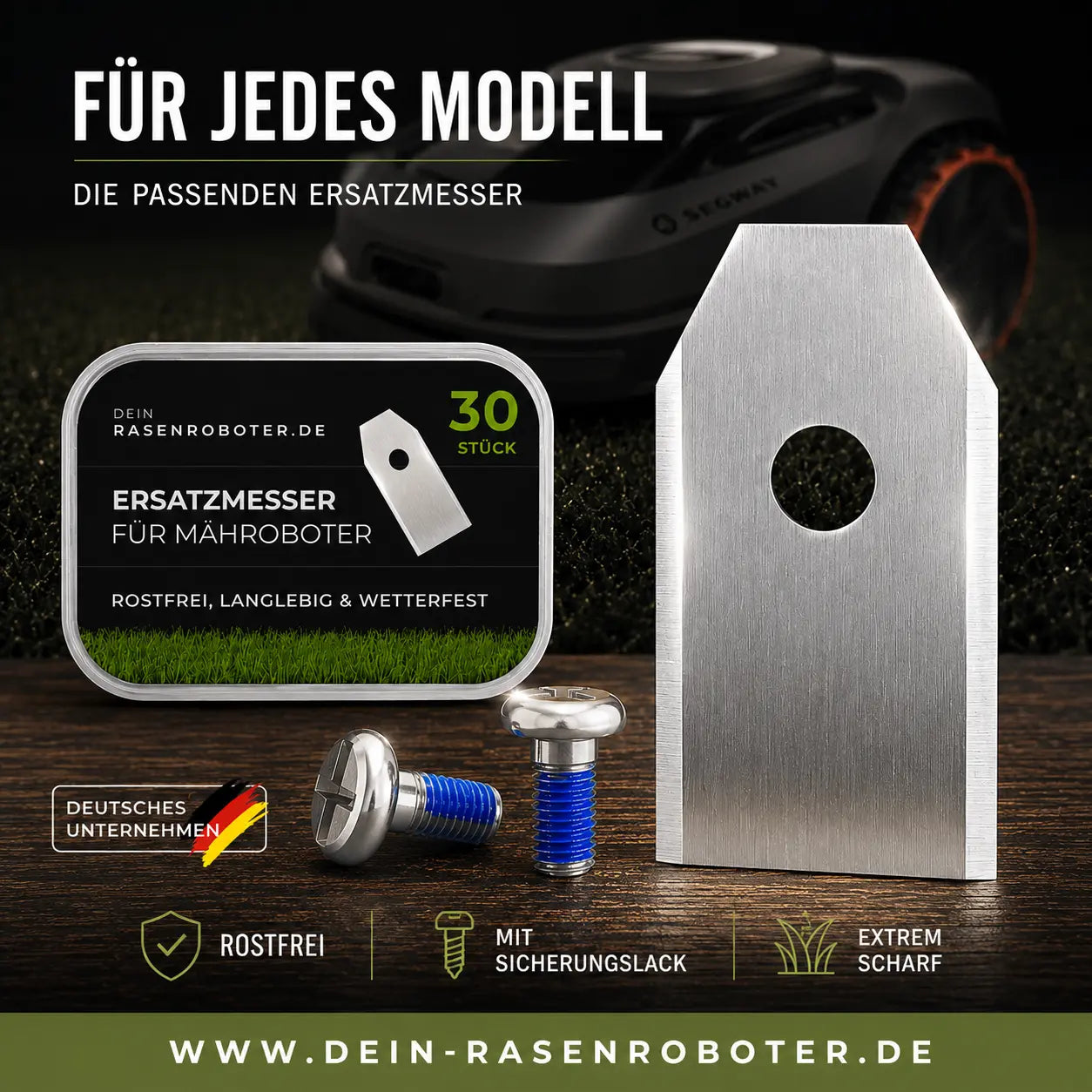Edelstahl Ersatzklingen Segway Navimow X430E-AWD + X450E-AWD – 30 Stück Dein-Rasenroboter.de