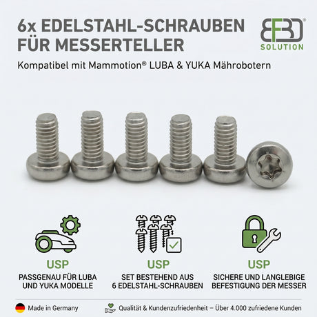 6x Edelstahl Schrauben passend für Mammotion® LUBA & YUKA Mähroboter Messerteller BF3D Solution