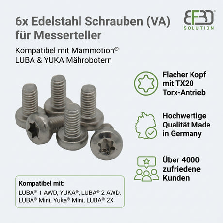 6x Edelstahl Schrauben passend für Mammotion® LUBA & YUKA Mähroboter Messerteller BF3D Solution