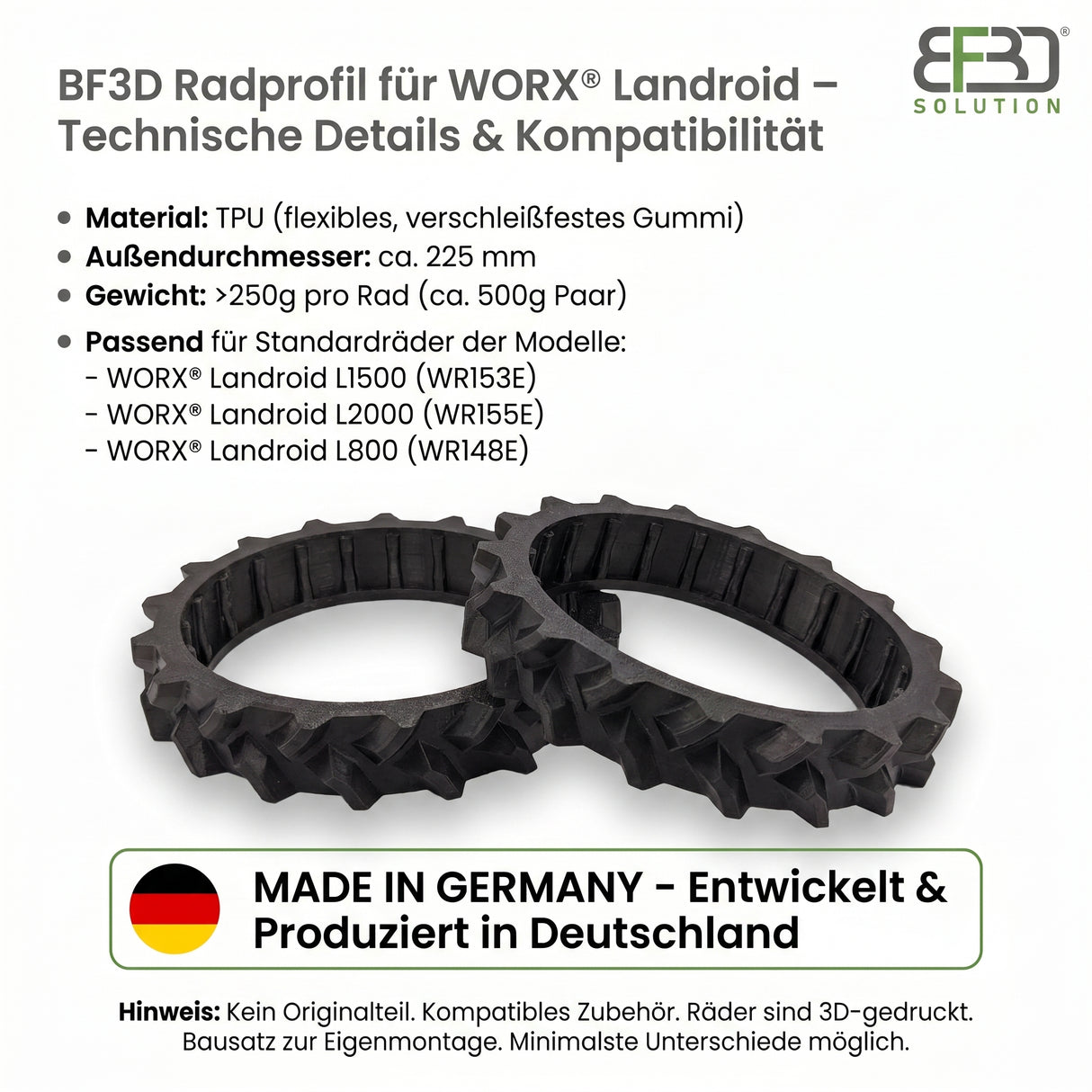BF3D Radprofil für WORX ®  L1500 L2000 L800 Landroid Gummi All Terrain FLEXIBEL BF3D Solution