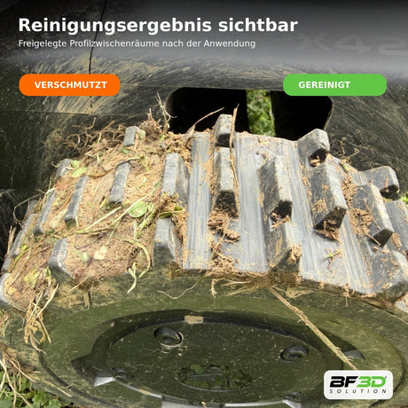 Sichtbares Reinigungsergebnis am Reifenprofil eines Segway Navimow X4 mit verschmutztem und gereinigtem Bereich